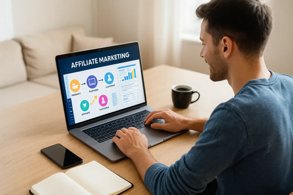 Ejemplo de trabajo con Hotmart como afiliado digital desde casa Persona trabajando desde casa en marketing de afiliados con Hotmart desde un portátil