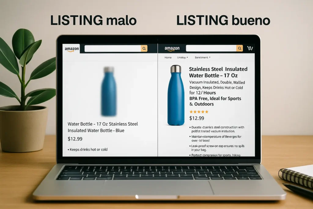 Representación realista de dos listados de productos en Amazon, uno mal optimizado y otro profesional con imagen de calidad y texto persuasivo