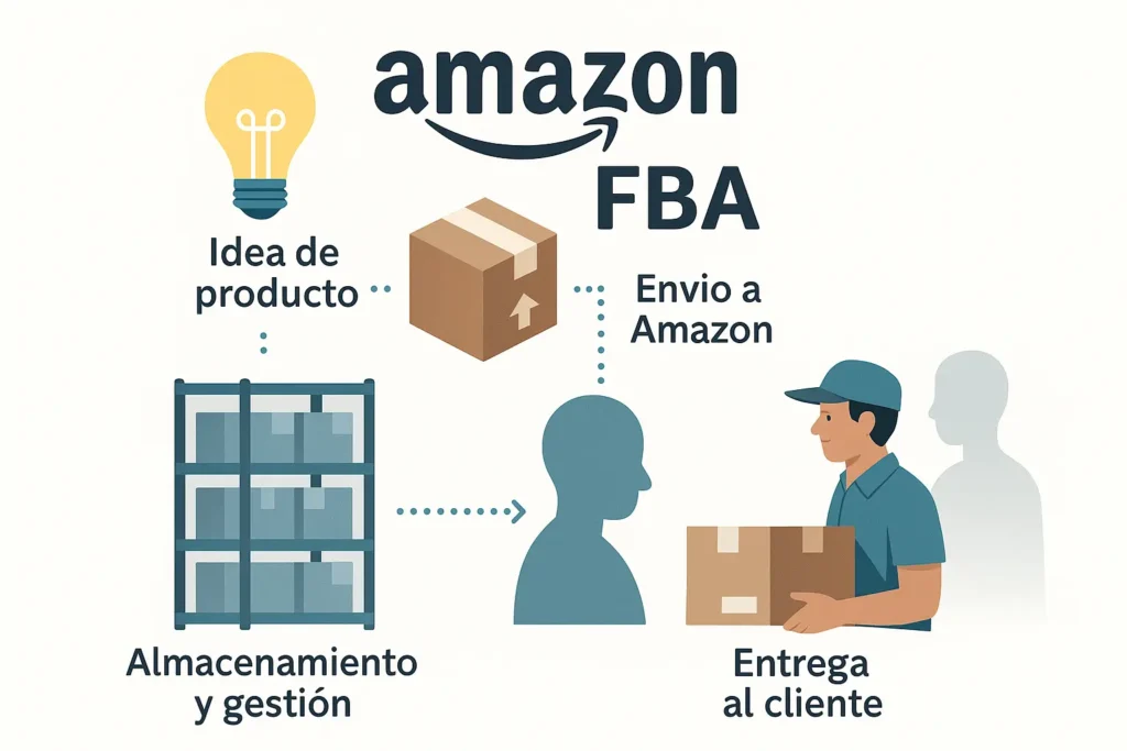 Representación realista del proceso Amazon FBA con almacén, logística, producto y entrega al cliente final