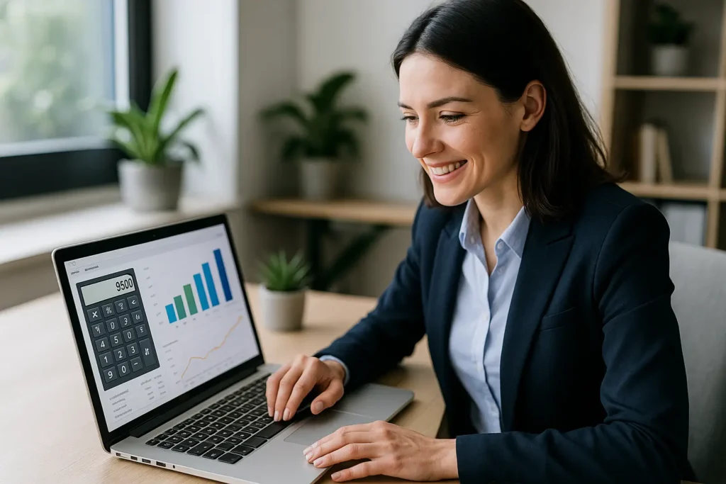 Mujer sonriente trabajando en portátil con calculadora financiera y gráficos en pantalla en oficina luminosa