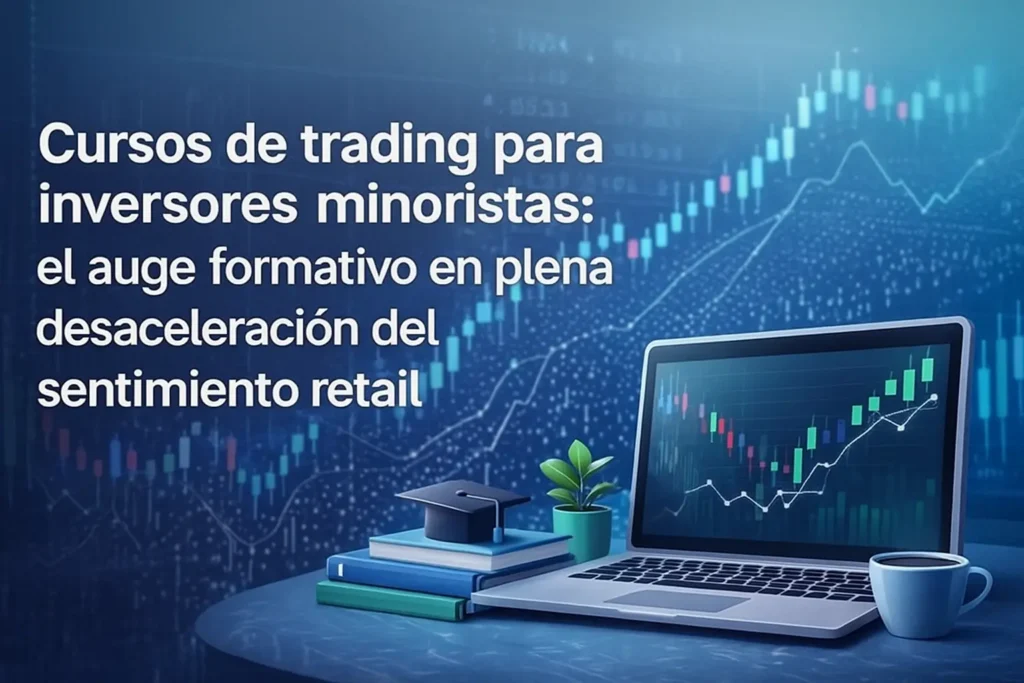 ChatGPT Image 24 nov 2025, 21_23_54 Imagen principal sobre cursos de trading para inversores minoristas, con un portátil mostrando gráficos financieros alcistas, libros de formación y un birrete académico, representando el auge de la educación en trading en un contexto de desaceleración del sentimiento retail. Estilo fintech profesional, ambiente azul tecnológico y elementos que simbolizan análisis técnico, volatilidad y aprendizaje estructurado