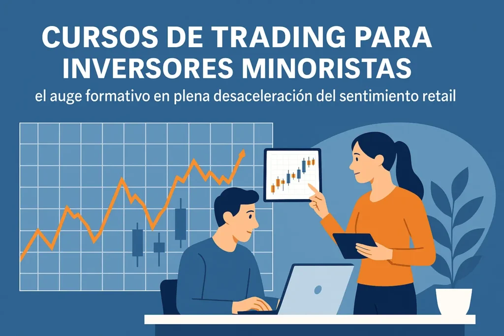 ChatGPT Image 24 nov 2025, 21_24_00 Imagen principal sobre cursos de trading para inversores minoristas, con un portátil mostrando gráficos financieros alcistas, libros de formación y un birrete académico, representando el auge de la educación en trading en un contexto de desaceleración del sentimiento retail. Estilo fintech profesional, ambiente azul tecnológico y elementos que simbolizan análisis técnico, volatilidad y aprendizaje estructurado