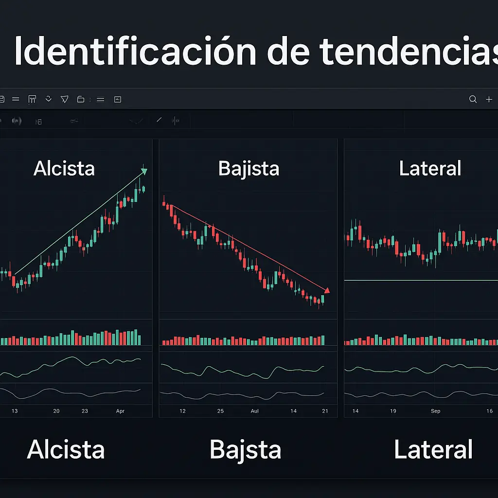Gráfico editorial mostrando cómo identificar tendencia alcista, bajista y lateral mediante estructura del precio