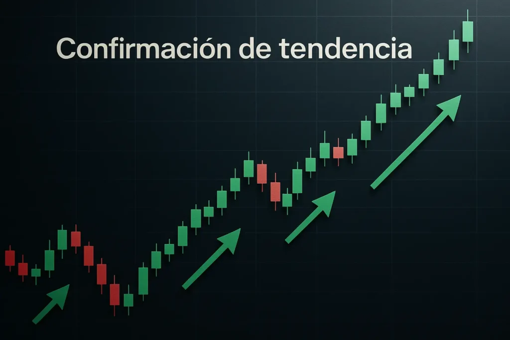 Gráfico profesional que muestra la confirmación de tendencia en trading con máximos y mínimos crecientes