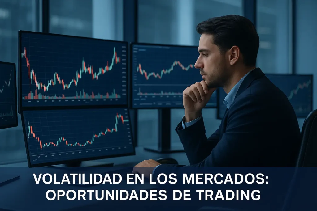 Trader analizando gráficos con alta volatilidad en una oficina fintech, pantallas mostrando velas amplias y rangos ampliados del mercado, escena profesional de trading enfocada en oportunidades operativas