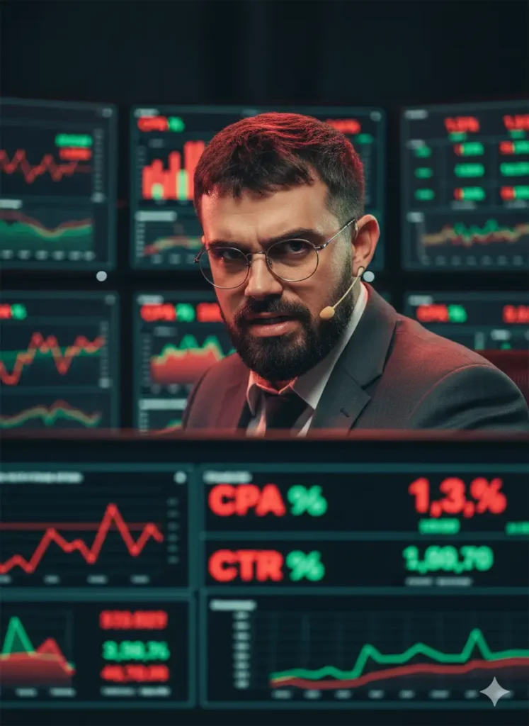 Primer plano de un analista de marketing agresivo monitorizando gráficos de CPA y CTR en rojo y verde, simbolizando la intensa analítica y ejecución requerida en el arbitraje de tráfico CPL de Partner 360