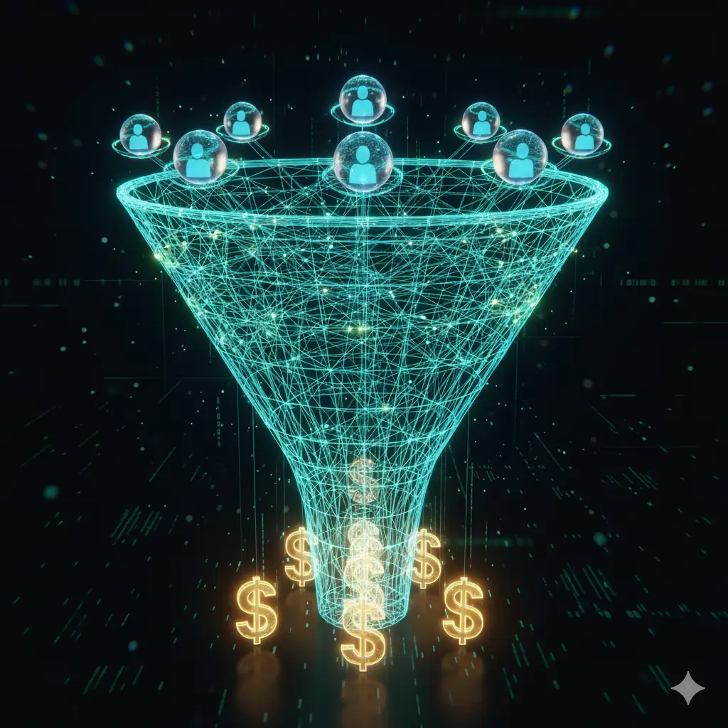 Representación abstracta de un embudo de ventas digital futurista con líneas de código y nodos, conectando leads a símbolos de dólar, ilustrando la estrategia de Coste Por Lead (CPL) de Partner 360