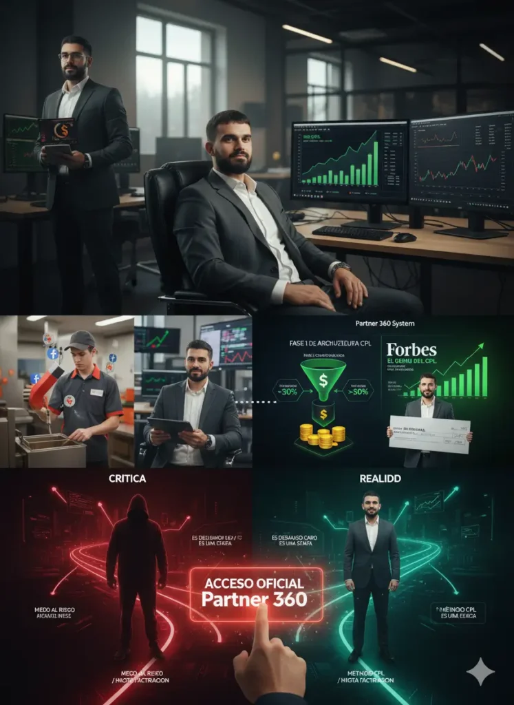 Retrato de Fabio Serna, ejecutivo con barba y traje, frente a la pantalla con gráficos de crecimiento exponencial, simbolizando el éxito del arbitraje de tráfico CPL de The Big School 360