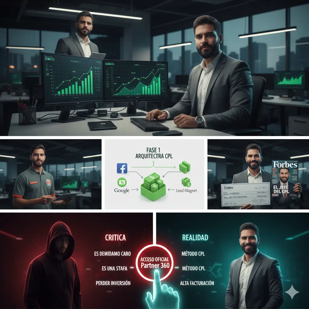 Primer plano de un analista de tráfico agresivo con gafas monitorizando gráficos de CPA y CTR, ilustrando la intensa analítica de datos necesaria para el arbitraje de leads CPL en Partner 360