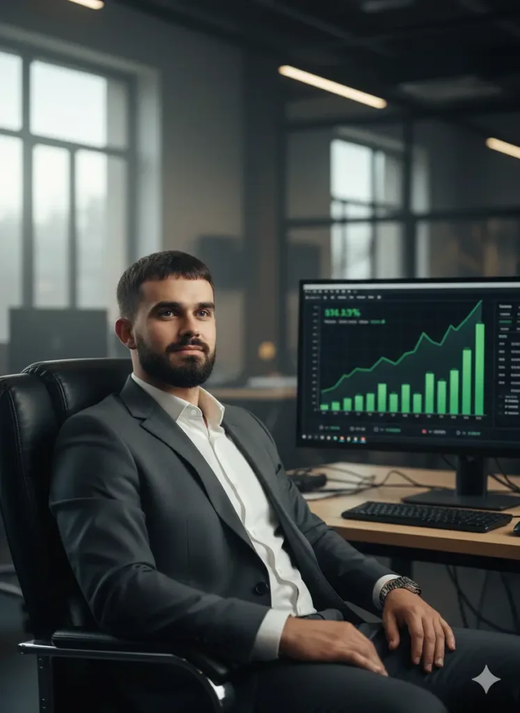 Retrato de un ejecutivo de tecnología con barba, analizando gráficos de crecimiento exponencial en su ordenador, ilustrando el éxito financiero en el modelo de negocio CPL de Partner 360 y Fabio Serna