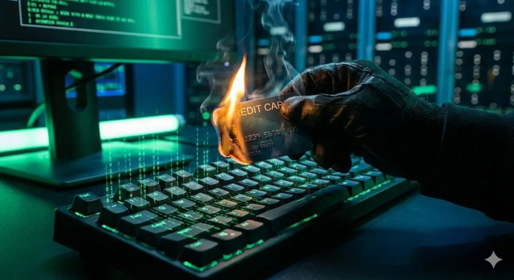 Mano quemando una tarjeta de crédito sobre un teclado mecánico con luces verdes y código binario, simbolizando el alto riesgo financiero y la inversión en publicidad necesaria para el curso Partner 360 de Fabio Serna