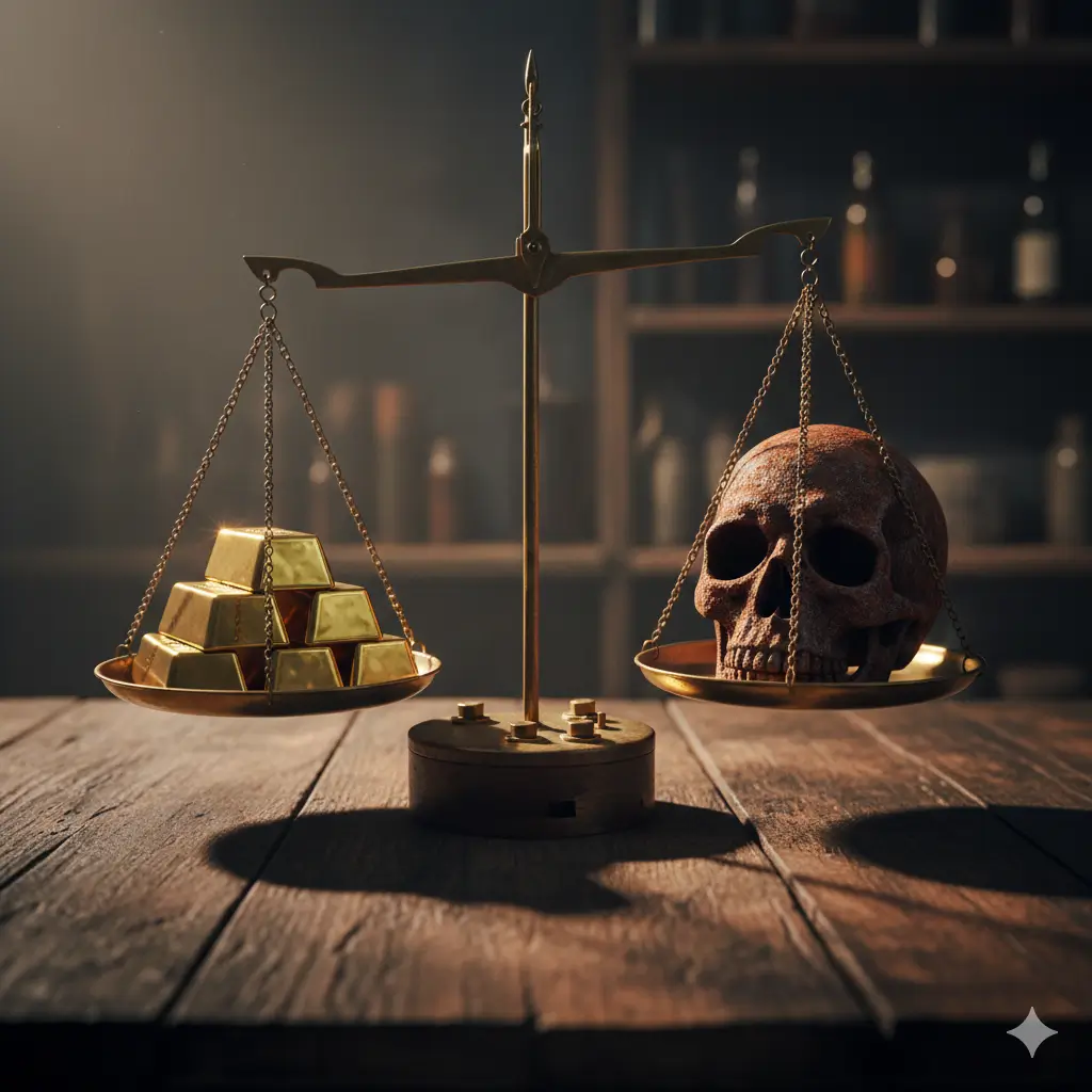 Balanza antigua con lingotes de oro en un plato y una calavera oxidada en el otro, representando el riesgo vs. recompensa y la inversión crucial en Partner 360