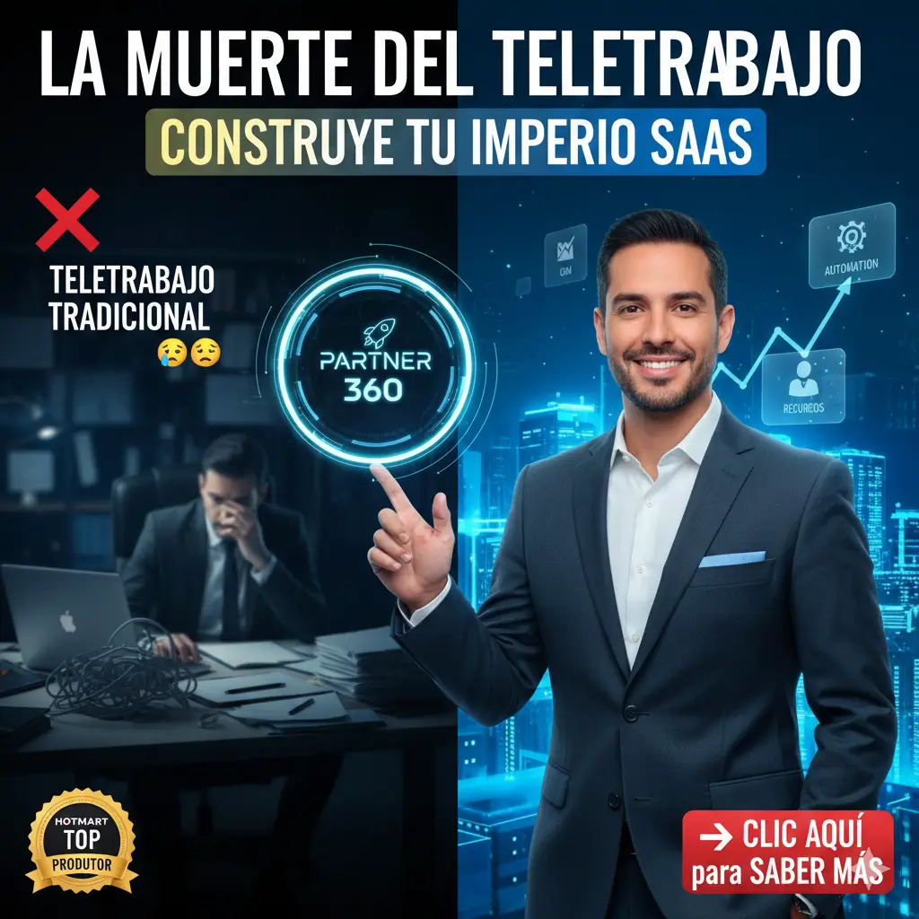 "Comparativa de negocio Partner 360 de Fabio Serna: A la izquierda, el fracaso del teletrabajo tradicional estresante; a la derecha, el éxito del modelo SaaS y arbitraje de software con ingresos recurrentes. Miniatura con logo de Hotmart Top Produtor y llamado a la acción para ganar dinero por internet desde casa con automatización."
