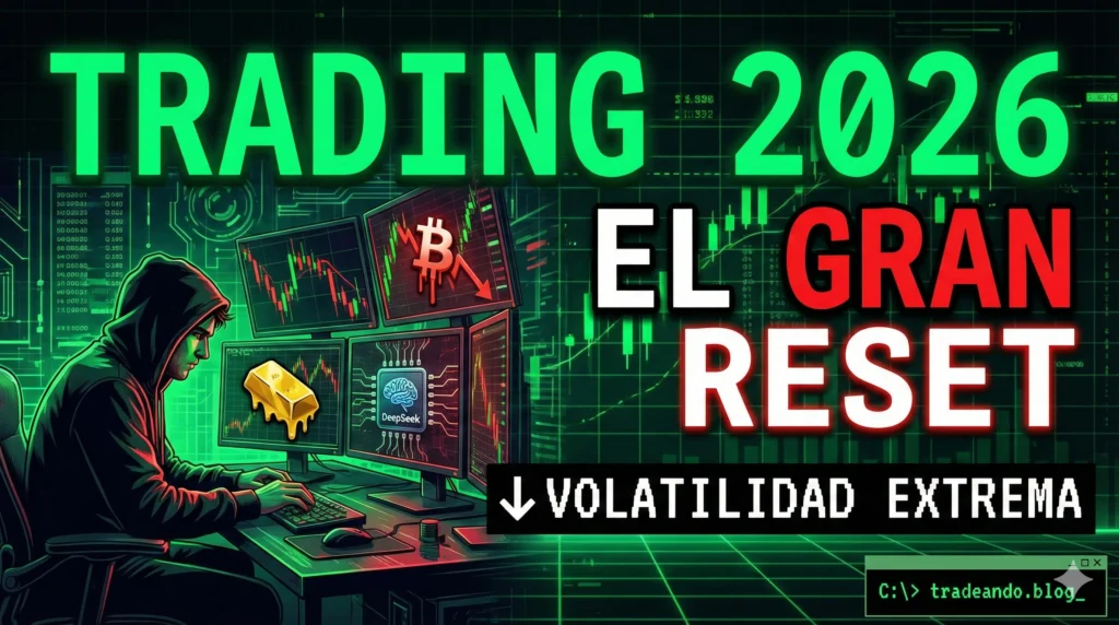 Miniatura de alta conversión con estética de terminal financiera y Dark Mode diseñada para Tradeando.blog. La imagen muestra a un trader analizando gráficas de velas japonesas en un entorno de grid verde , con el titular 'TRADING 2026: EL GRAN RESET' y una alerta de volatilidad extrema optimizada para el protocolo de calidad 2026